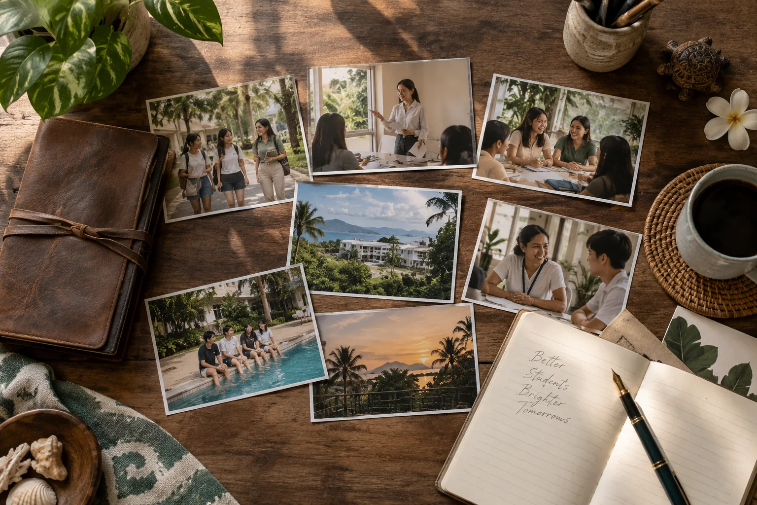 캠퍼스 사진과 기록 노트가 놓인 책상