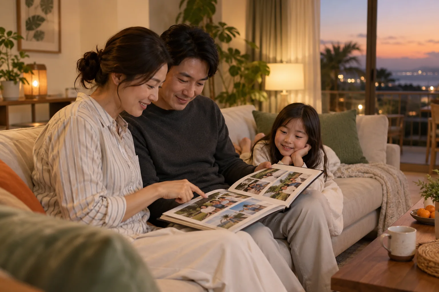 가족 사진 앨범을 함께 보는 한국 부모와 아이